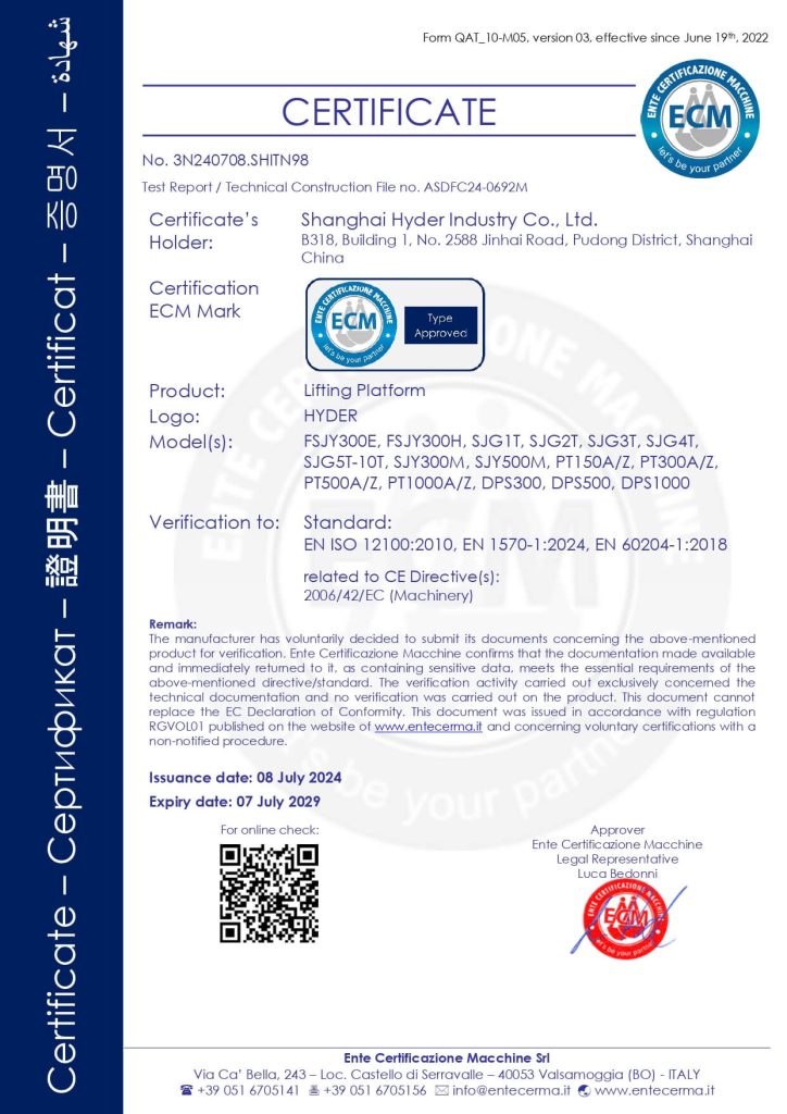 lifting platform CE certificate